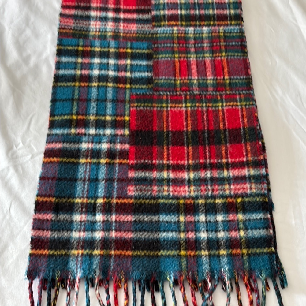 Polo Ralph ITALY Lauren Red Blue WOOL BLEND Plaid FISHING HUNTING PATCHES SCARF - Picture 10 of 12